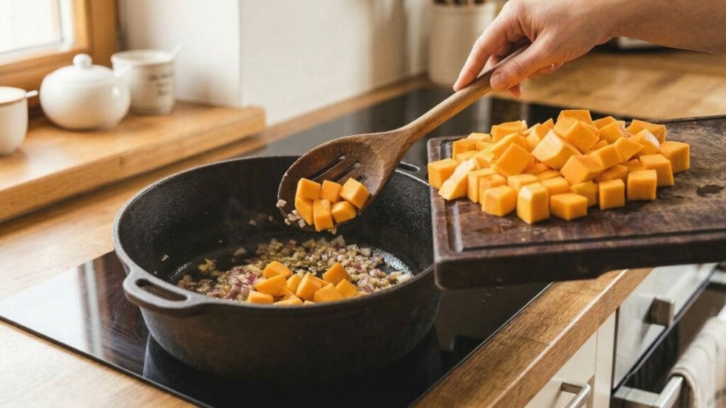 A person using a wooden slotted spoon to transfer bright orange, diced butternut squash cubes from a wooden cutting board into a sizzling cast-iron pot.