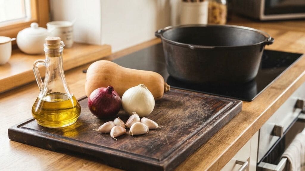 Fresh whole butternut squash, onions, garlic cloves, and a bottle of olive oil on a rustic wooden cutting board beside a black cast-iron pot in a bright, cozy kitchen.