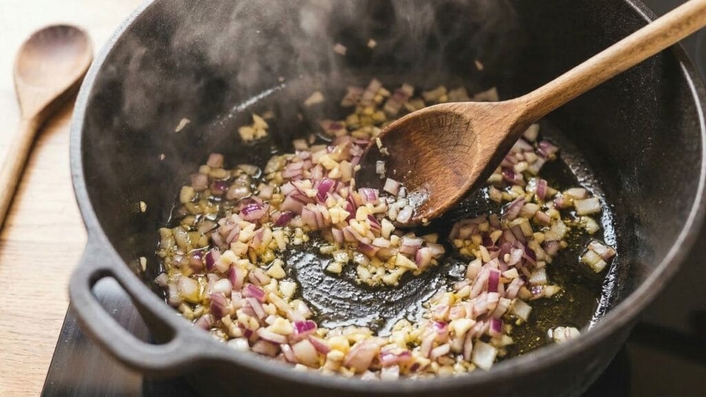 Chopped red and white onions with minced garlic sizzling in olive oil inside a hot black Dutch oven, being stirred with a wooden cooking spoon.