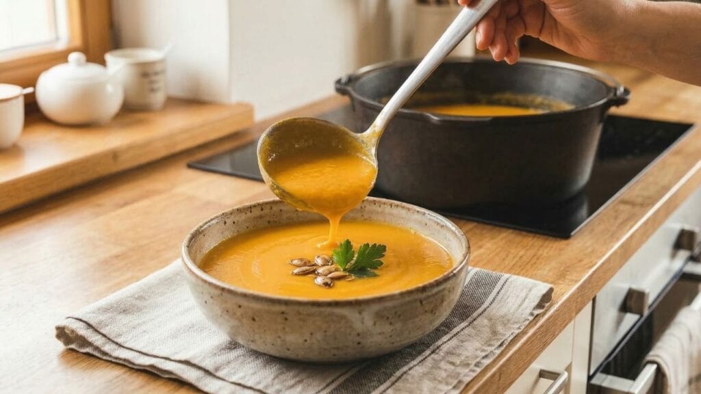 Ladling smooth, creamy homemade butternut squash soup into a rustic ceramic bowl, beautifully garnished with roasted pumpkin seeds and fresh parsley.