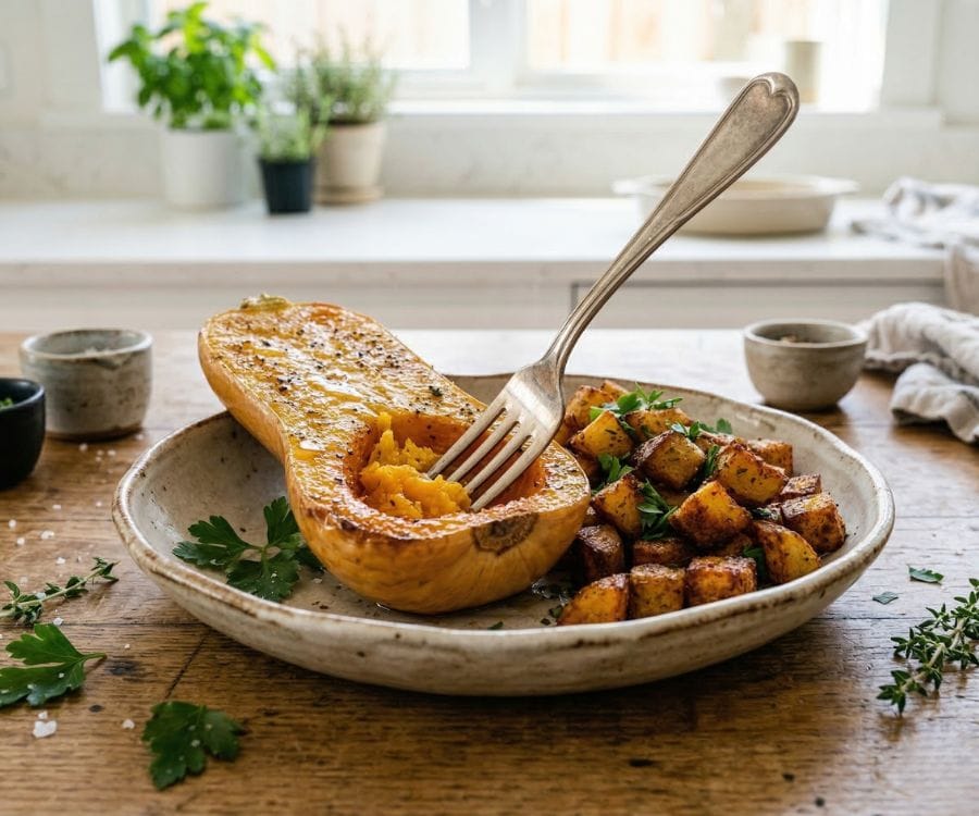 Butternut Squash Halves Air Fryer with Crispy Potatoes (Easy Healthy Recipe) 2 air fryer butternut squash halves close up.jpg