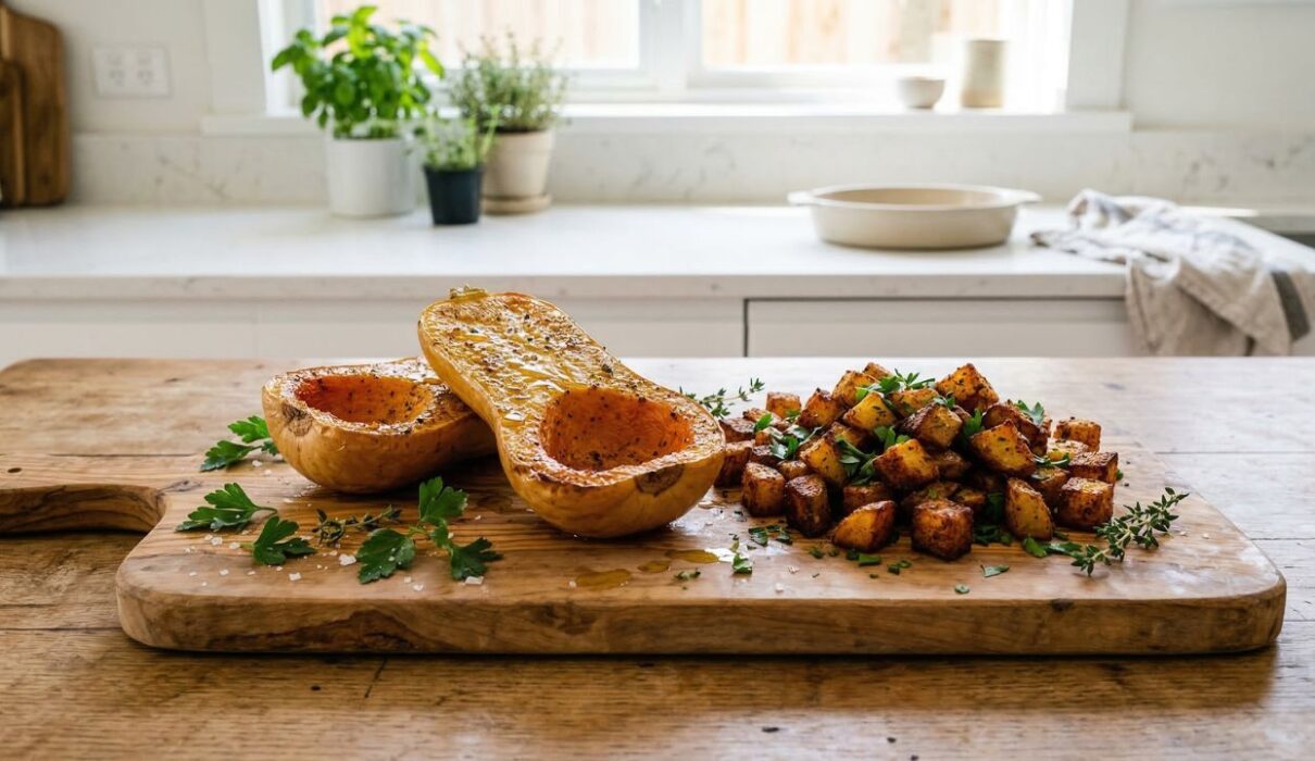 Butternut Squash Halves Air Fryer with Crispy Potatoes (Easy Healthy Recipe) 1 air fryer butternut squash halves with crispy potatoes served on a plate in a natural kitchen setting