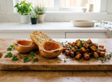 air fryer butternut squash halves with crispy potatoes served on a plate in a natural kitchen setting