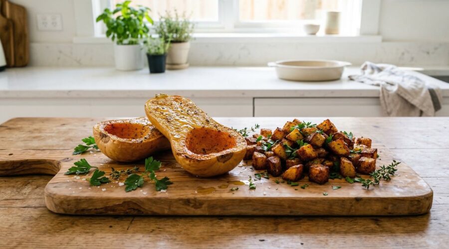 Butternut Squash Halves Air Fryer with Crispy Potatoes (Easy Healthy Recipe) 2 air fryer butternut squash halves with crispy potatoes served on a plate in a natural kitchen setting