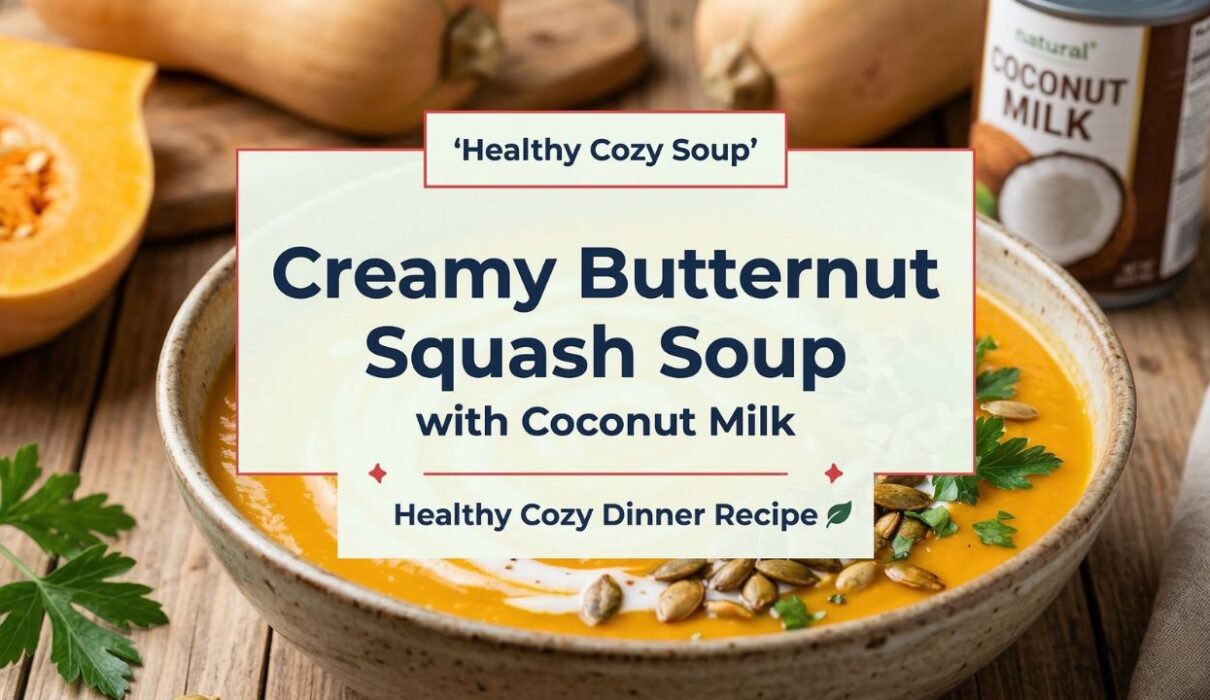 Creamy butternut squash soup with coconut milk served in a bowl with pumpkin seeds and coconut cream swirl