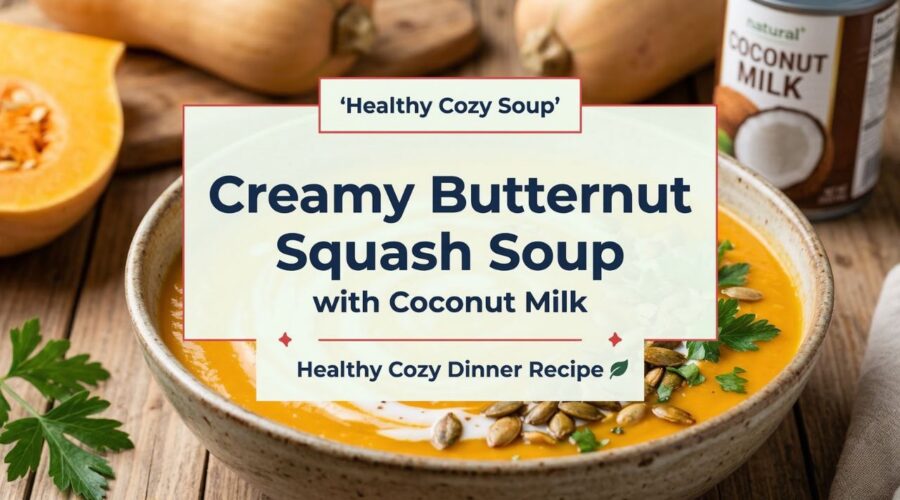 Creamy Butternut Squash Soup with Coconut Milk (Healthy Cozy Dinner Recipe) 3 Creamy butternut squash soup with coconut milk served in a bowl with pumpkin seeds and coconut cream swirl