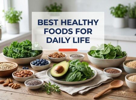 healthy foods to eat every day including vegetables fruits grains and nuts on a wooden table