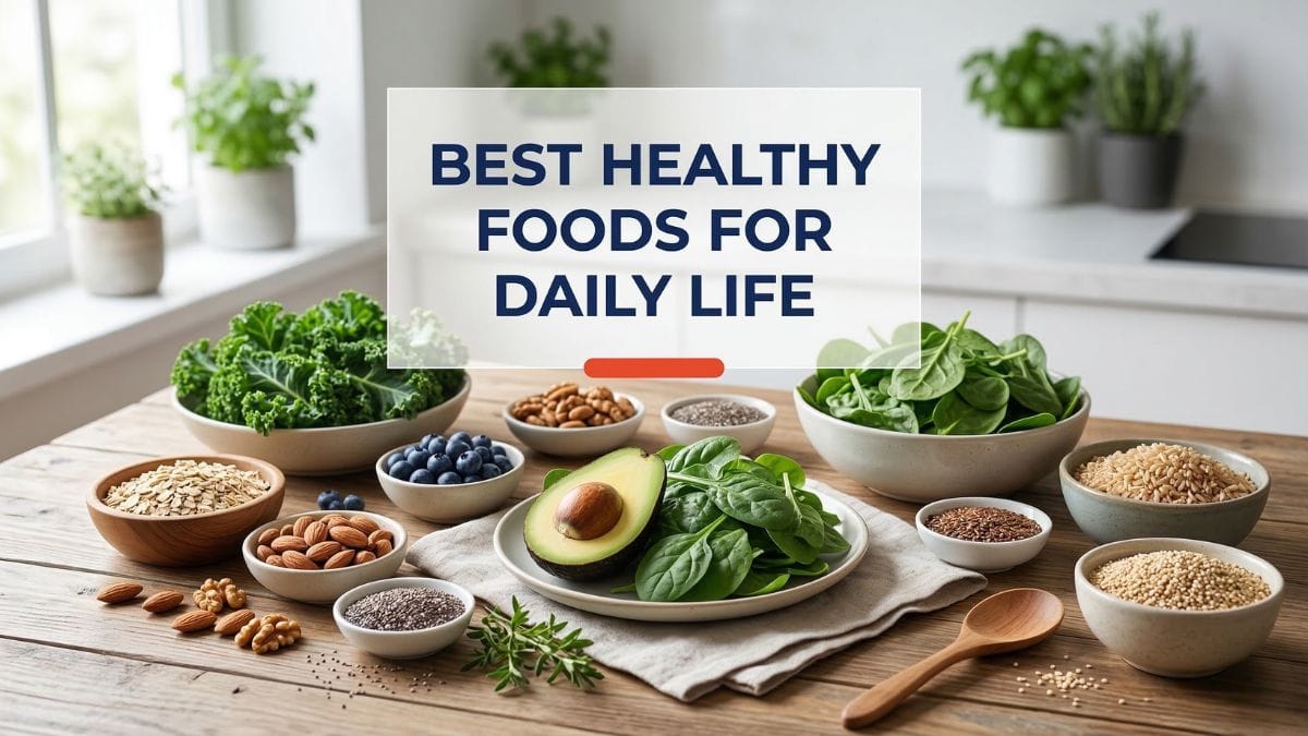 healthy foods to eat every day including vegetables fruits grains and nuts on a wooden table