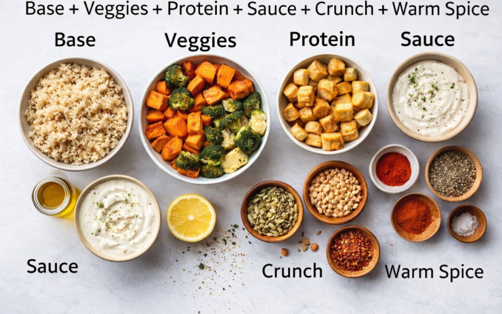 Base + Veggies + Protein + Sauce + Crunch + Warm Spice
