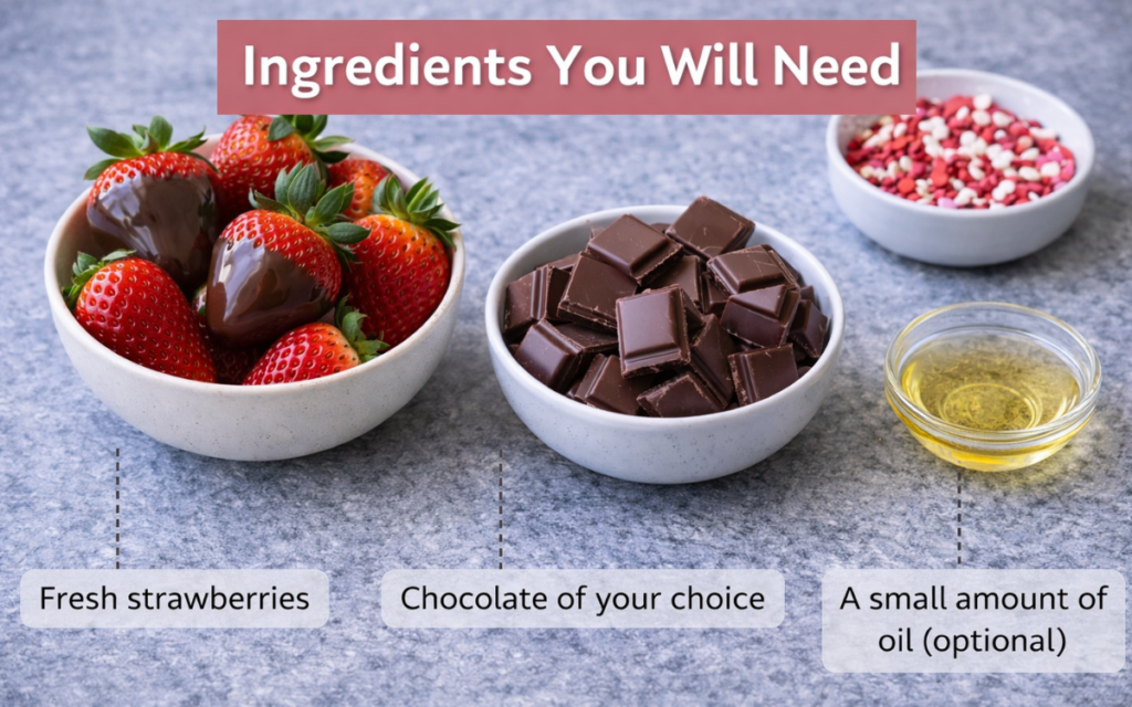 Chocolate-covered strawberry ingredients setup