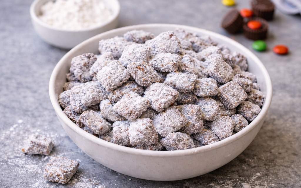 Muddy buddies with chocolate and sugar