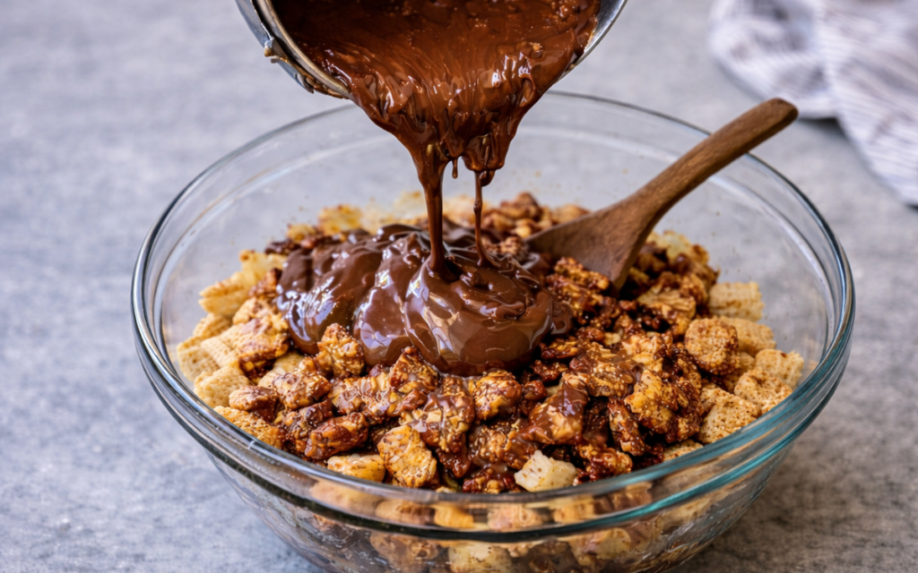 Pouring chocolate over crispy cereal