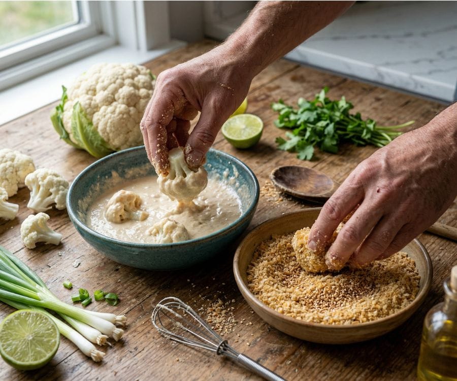 Crispy Sweet and Sour Cauliflower (Easy Vegan & Gluten-Free Recipe) 2 cauliflower coating process.jpg