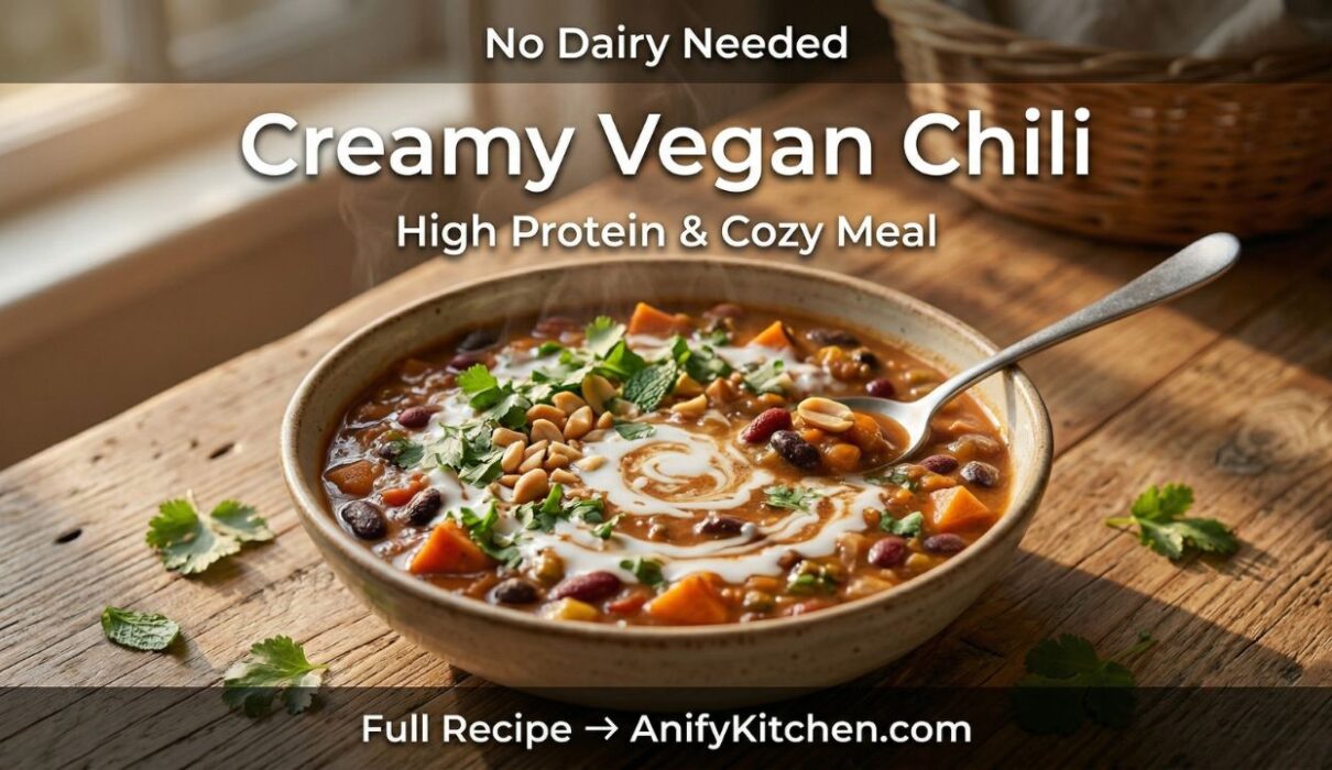 Creamy vegan chili recipe with coconut milk and peanut butter high protein healthy meal
