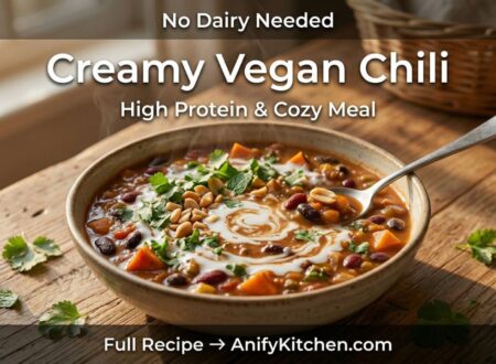 Creamy vegan chili recipe with coconut milk and peanut butter high protein healthy meal