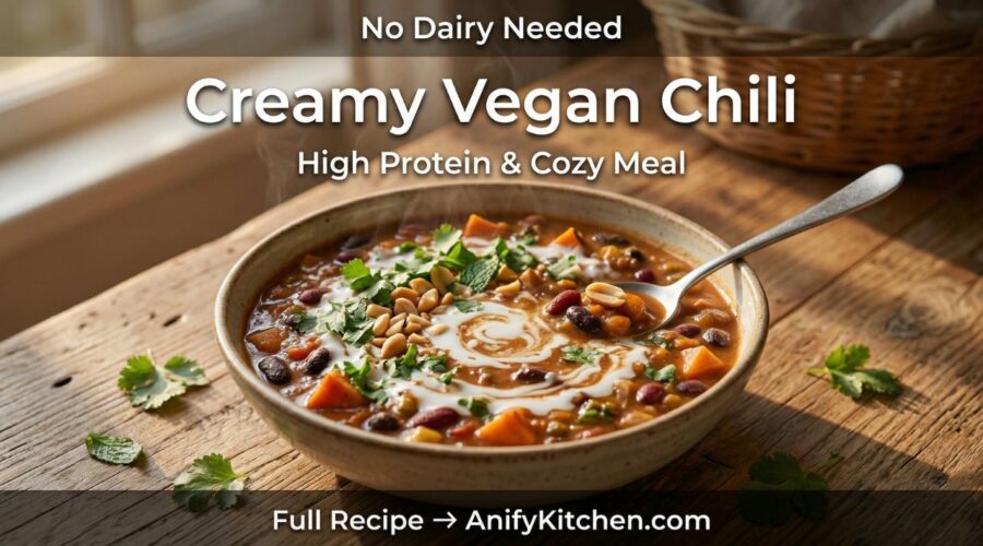 Creamy vegan chili recipe with coconut milk and peanut butter high protein healthy meal