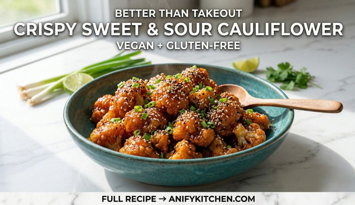 Crispy Sweet and Sour Cauliflower (Easy Vegan & Gluten-Free Recipe) 1 Crispy sweet and sour cauliflower in bowl with glossy sauce sesame seeds and green onions vegan healthy recipe