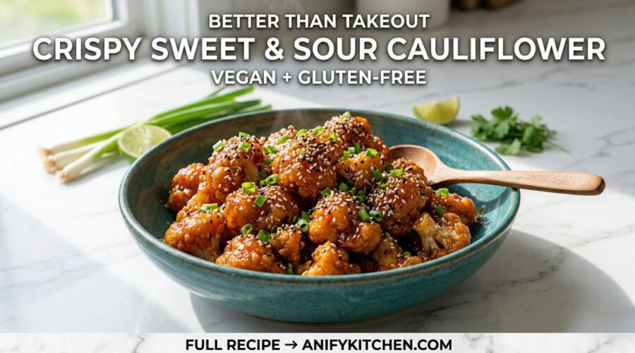 Crispy sweet and sour cauliflower in bowl with glossy sauce sesame seeds and green onions vegan healthy recipe