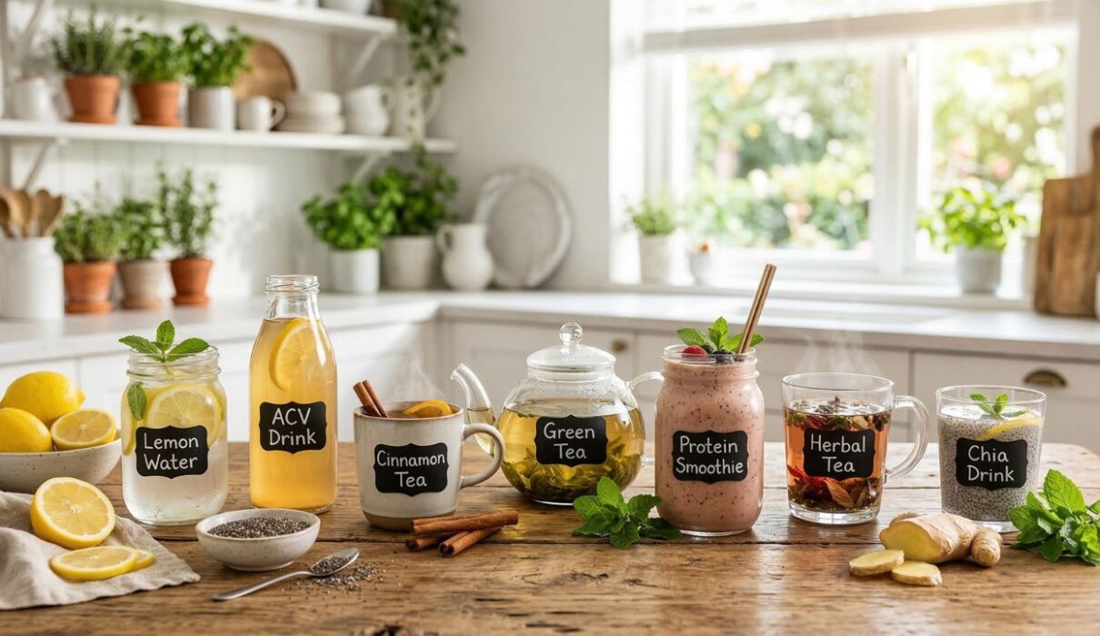 7 healthy drinks that help reduce sugar cravings naturally including lemon water, green tea, cinnamon tea, apple cider vinegar drink, protein smoothie, herbal tea and chia seed drink