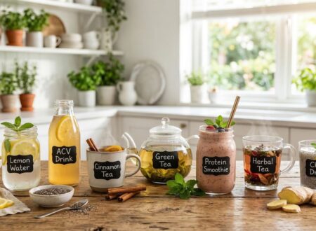 7 healthy drinks that help reduce sugar cravings naturally including lemon water, green tea, cinnamon tea, apple cider vinegar drink, protein smoothie, herbal tea and chia seed drink