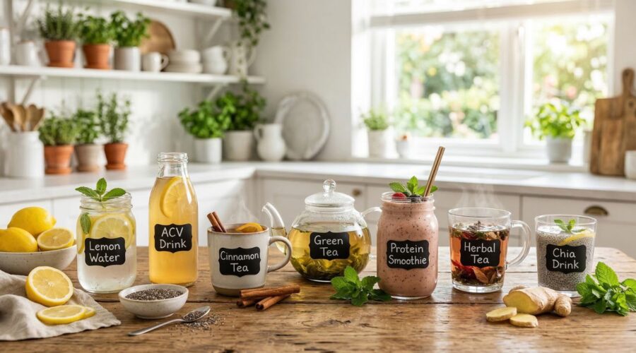 7 healthy drinks that help reduce sugar cravings naturally including lemon water, green tea, cinnamon tea, apple cider vinegar drink, protein smoothie, herbal tea and chia seed drink