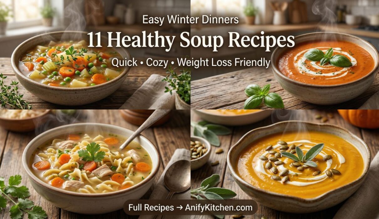 11 Easy Healthy Winter Soup Recipes for Dinner (Quick, Cozy & Family-Friendly) 1 easy healthy winter soup recipes for dinner collage with vegetable, chicken, tomato, and pumpkin soups in cozy winter setting