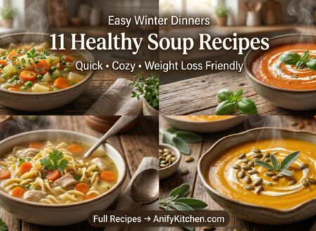 easy healthy winter soup recipes for dinner collage with vegetable, chicken, tomato, and pumpkin soups in cozy winter setting