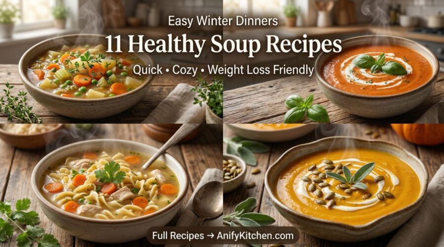 easy healthy winter soup recipes for dinner collage with vegetable, chicken, tomato, and pumpkin soups in cozy winter setting