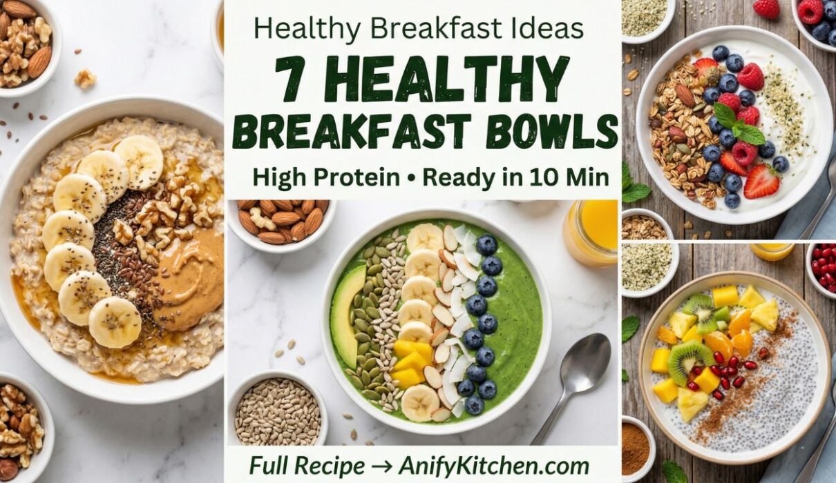 7 Healthy Breakfast Bowls (Quick & Easy, High Protein, Ready in 10 Minutes) 1 Collage of healthy breakfast bowls including oatmeal, yogurt, smoothie, and chia bowls for a quick high protein breakfast