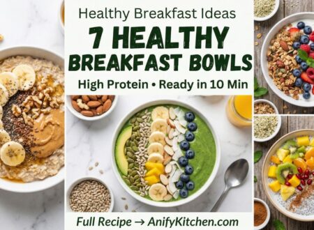 Collage of healthy breakfast bowls including oatmeal, yogurt, smoothie, and chia bowls for a quick high protein breakfast