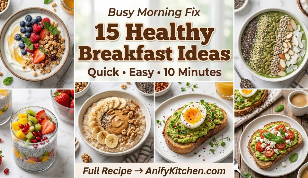 15 Healthy Breakfast Ideas for Busy Mornings (Quick, Easy & Ready in 10 Minutes) 1 healthy breakfast ideas collage including oats smoothie bowl yogurt and toast for busy mornings quick meals