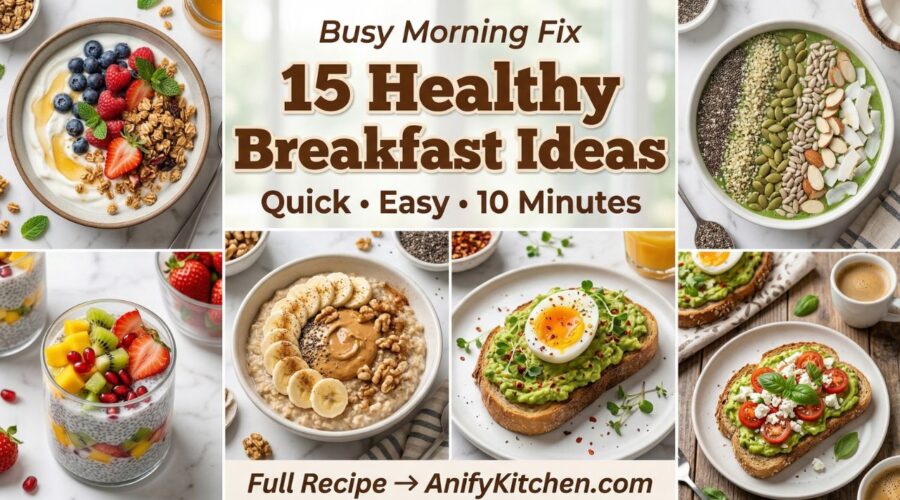 healthy breakfast ideas collage including oats smoothie bowl yogurt and toast for busy mornings quick meals
