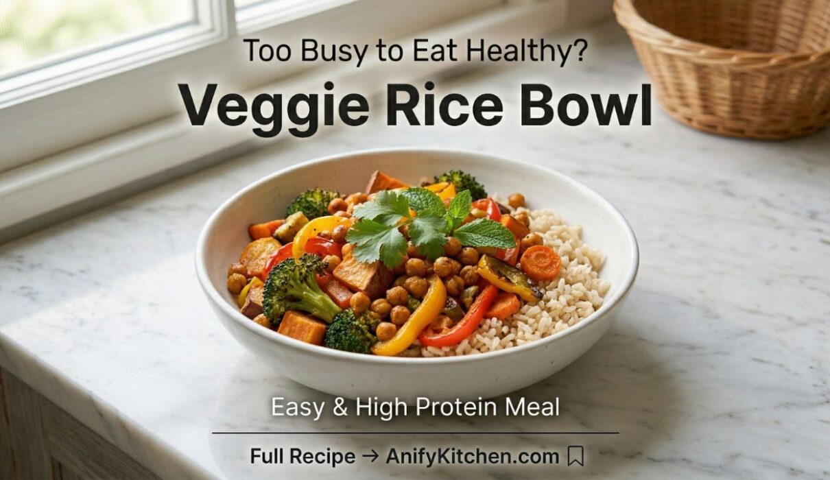 Healthy Oven Baked Veggie Rice Bowl (Easy & High Protein Meal) 1 Healthy oven baked veggie rice bowl with roasted vegetables and chickpeas high protein meal