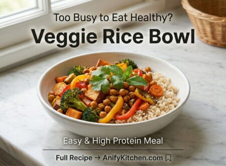 Healthy oven baked veggie rice bowl with roasted vegetables and chickpeas high protein meal