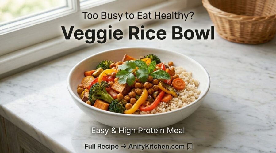 Healthy oven baked veggie rice bowl with roasted vegetables and chickpeas high protein meal