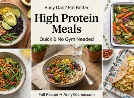 High protein meals collage including chicken rice bowl, egg scramble, chickpea bowl and tuna wrap for busy dads