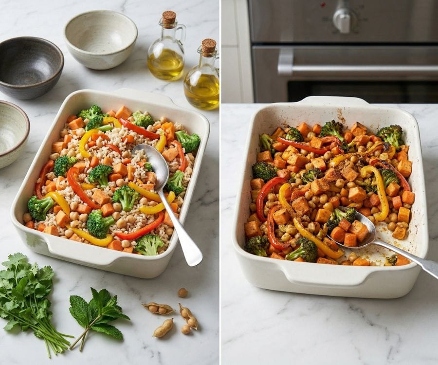 Healthy Oven Baked Veggie Rice Bowl (Easy & High Protein Meal) 3 veggie rice bowl baking process.jpg