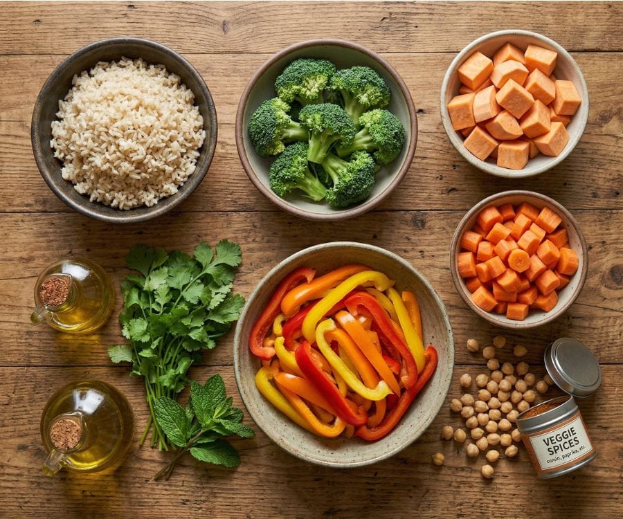 Healthy Oven Baked Veggie Rice Bowl (Easy & High Protein Meal) 2 veggie rice bowl ingredients 1.jpg 1