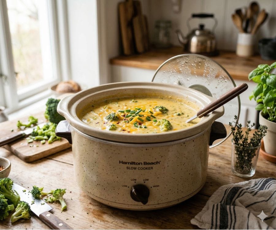 Best Crockpot Broccoli Cheddar Soup (Easy & Creamy Slow Cooker Recipe) 3 crockpot broccoli cheddar soup cooking.jpg