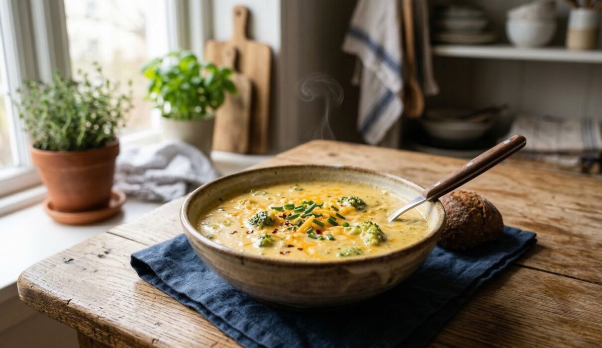 Best Crockpot Broccoli Cheddar Soup (Easy & Creamy Slow Cooker Recipe) 1 creamy crockpot broccoli cheddar soup in bowl with melted cheese and broccoli pieces