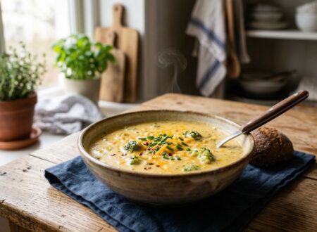 creamy crockpot broccoli cheddar soup in bowl with melted cheese and broccoli pieces