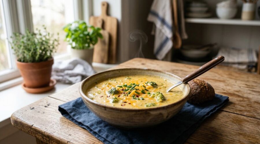 creamy crockpot broccoli cheddar soup in bowl with melted cheese and broccoli pieces