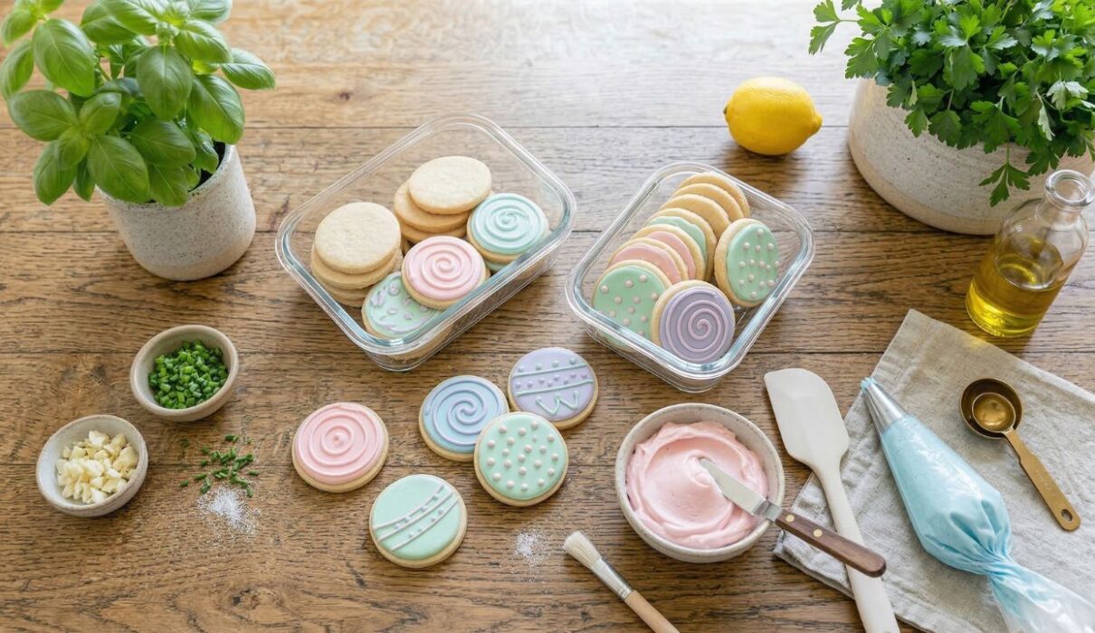 Easy Sugar Cookie Frosting (No-Fail Recipe for Perfect Cookies) 1 sugar cookies decorated with smooth buttercream frosting and piping bag on kitchen table