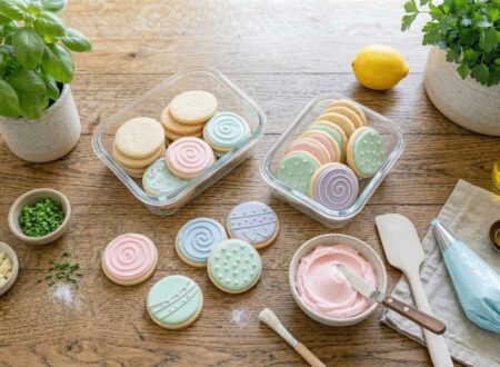 sugar cookies decorated with smooth buttercream frosting and piping bag on kitchen table