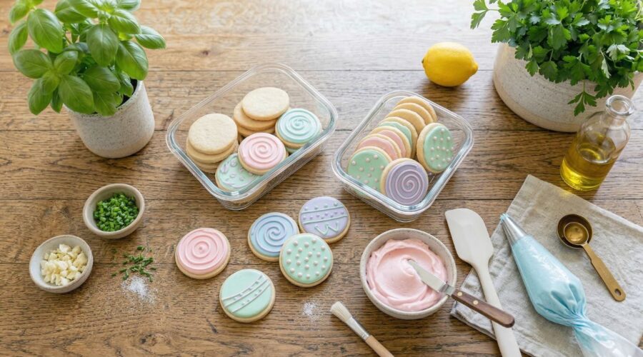 sugar cookies decorated with smooth buttercream frosting and piping bag on kitchen table