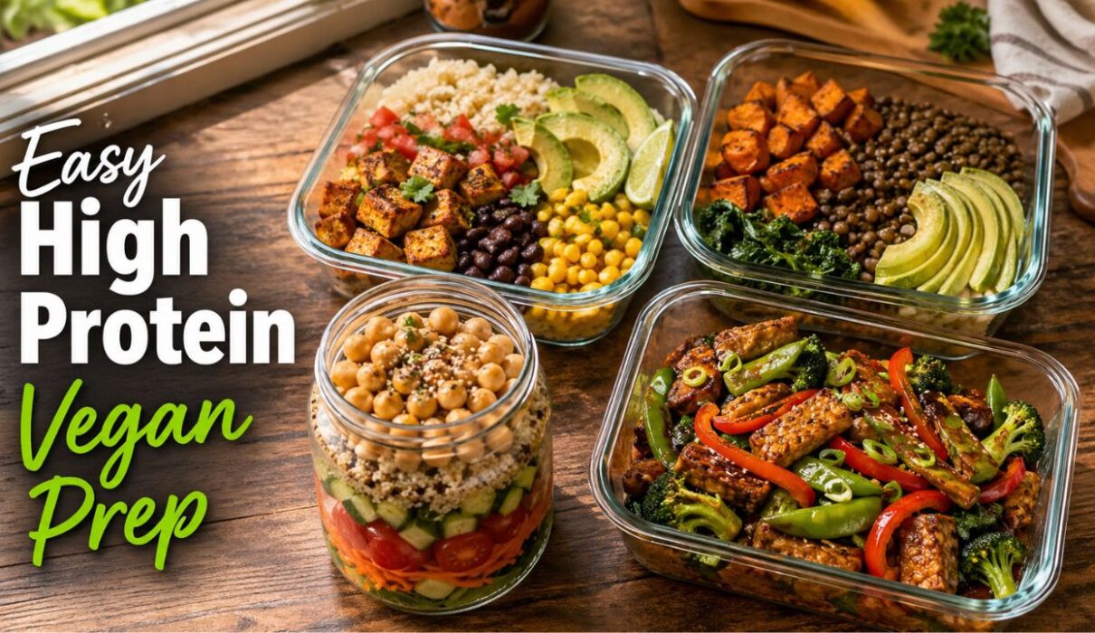 easy vegan meal prep ideas for healthy high protein meals with tofu lentils quinoa and vegetables