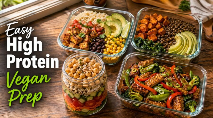 easy vegan meal prep ideas for healthy high protein meals with tofu lentils quinoa and vegetables