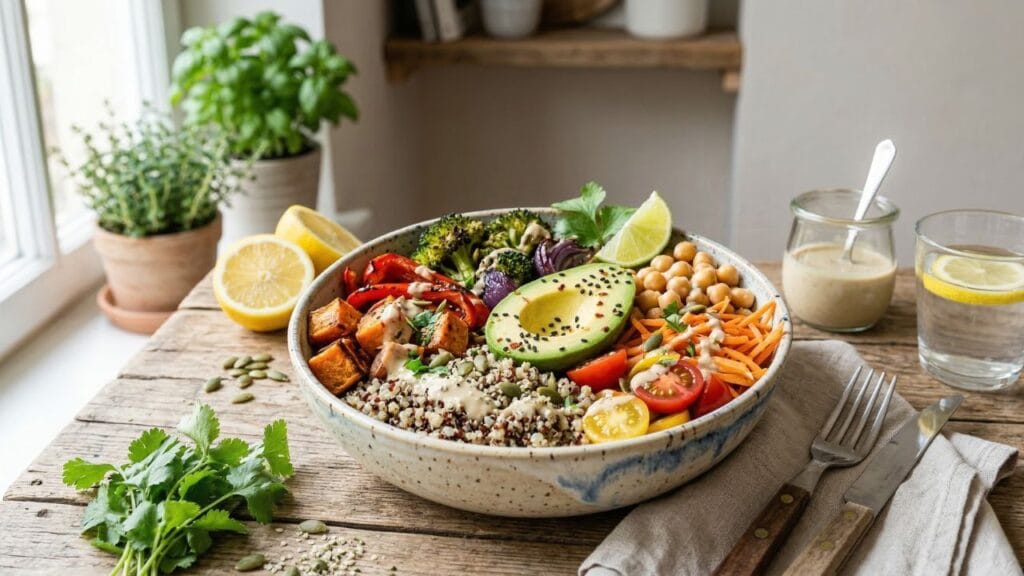 15 Easy Gluten Free Vegan Recipes for Healthy Everyday Meals 2 healthy gluten free vegan quinoa veggie bowl with roasted vegetables chickpeas and avocado