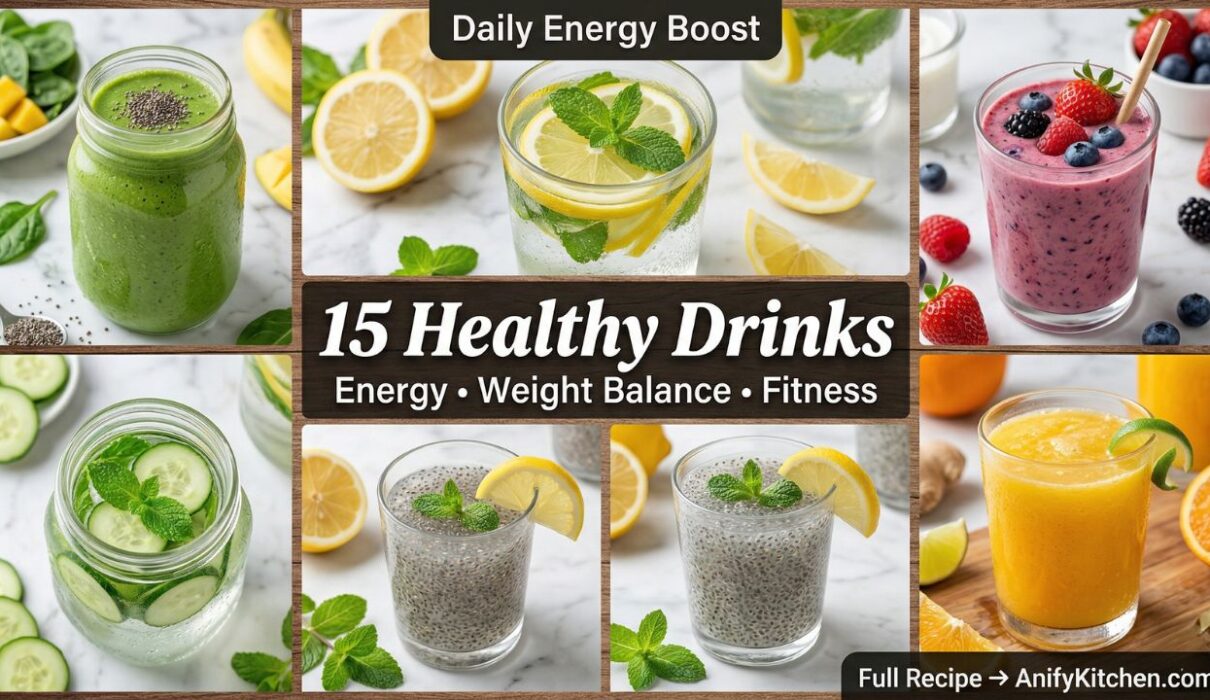 collage of healthy drinks including smoothies detox water and chia drink for energy and weight balance