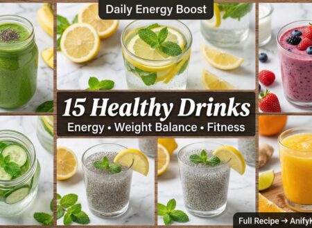 collage of healthy drinks including smoothies detox water and chia drink for energy and weight balance